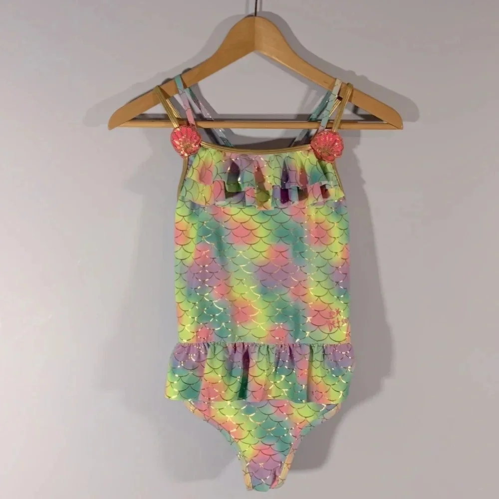 Betsy johnson size xl 14 rainbow mermaid skirt one piece swimsuit pink seashell